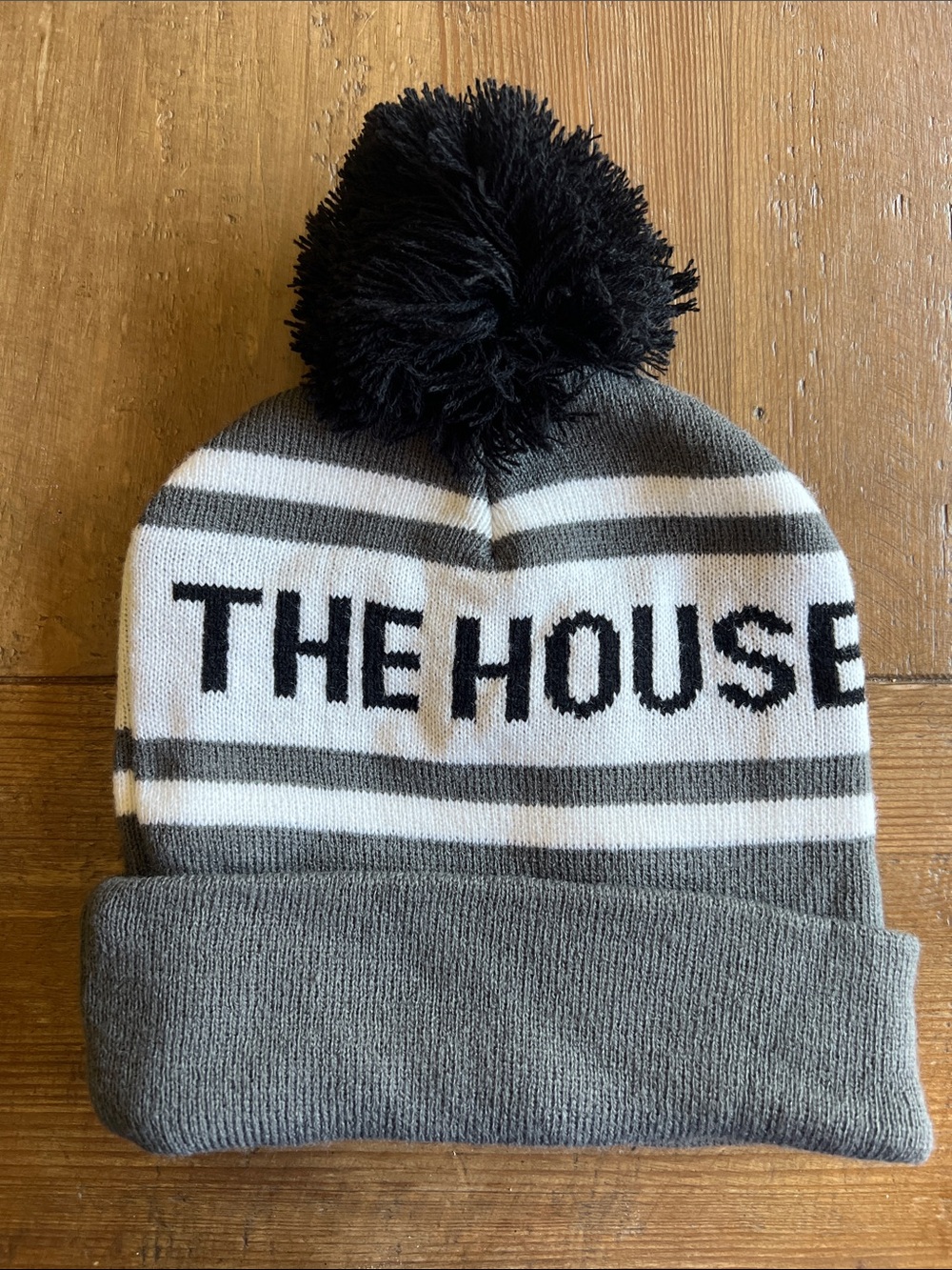 'THE HOUSE' Pom Pom Beanie in Gray, White & Black one size